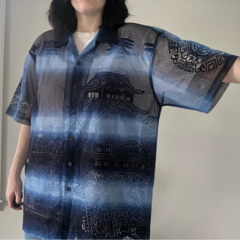 ❤️ LAST DAY Vintage Y2K B212 NYC Japanese Pagoda Mesh S/S Button Down Shirt - Picture 5 of 13